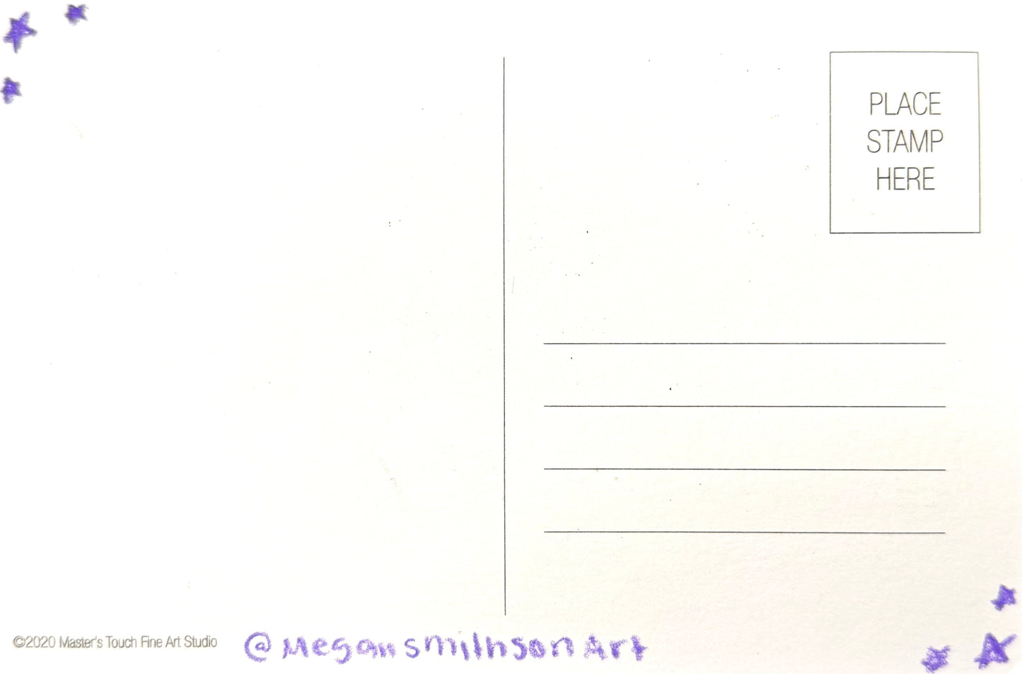 Blank postcard with space for a stamp and artist's signature at the bottom right corner.