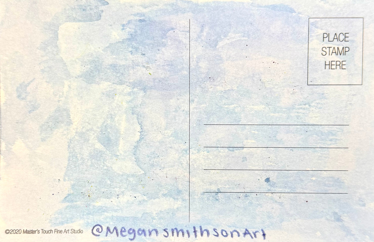 Back of a postcard with watercolor design and text attribution to Megan Smithson Art