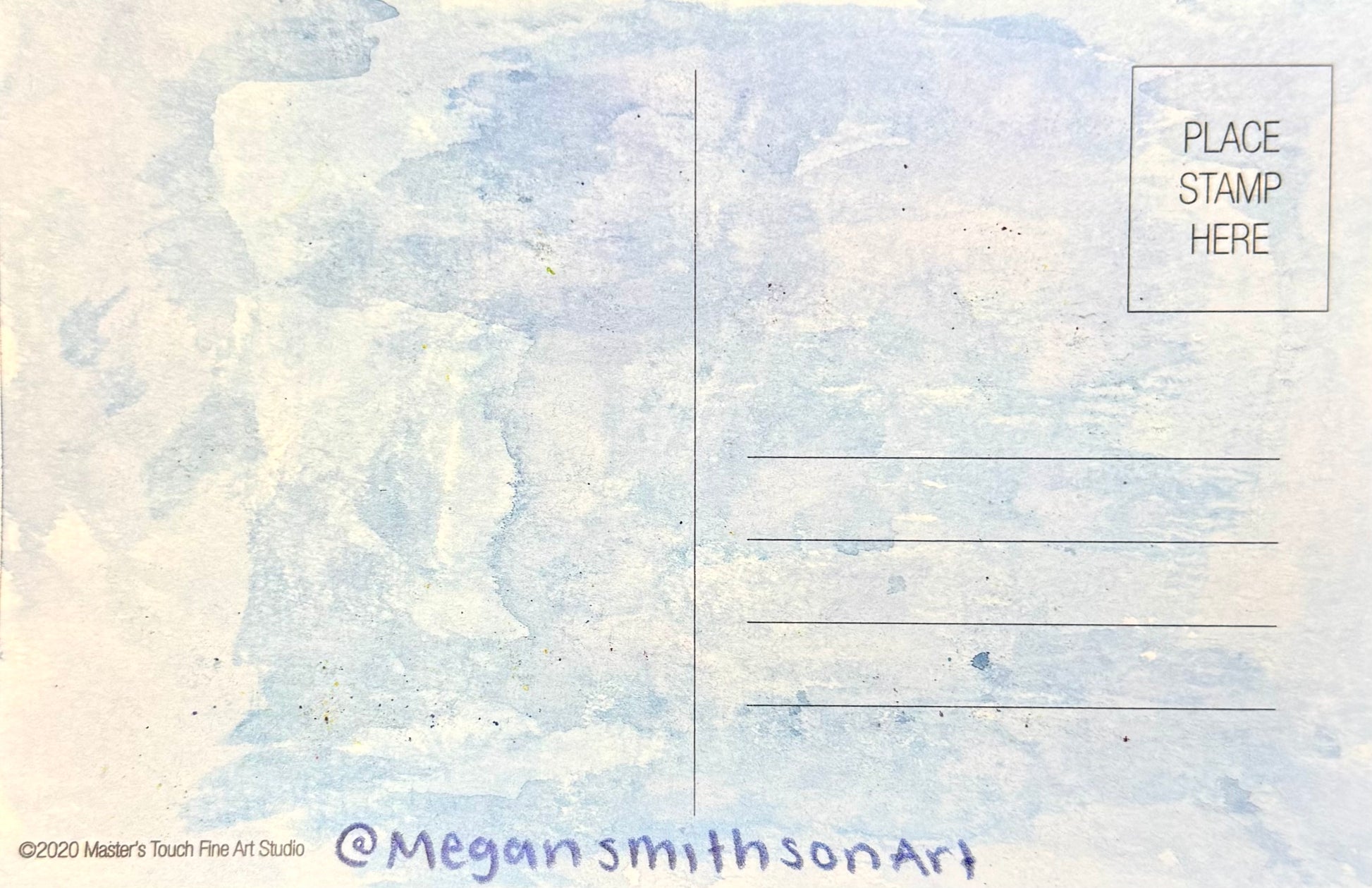 Back of a postcard with watercolor design and text attribution to Megan Smithson Art
