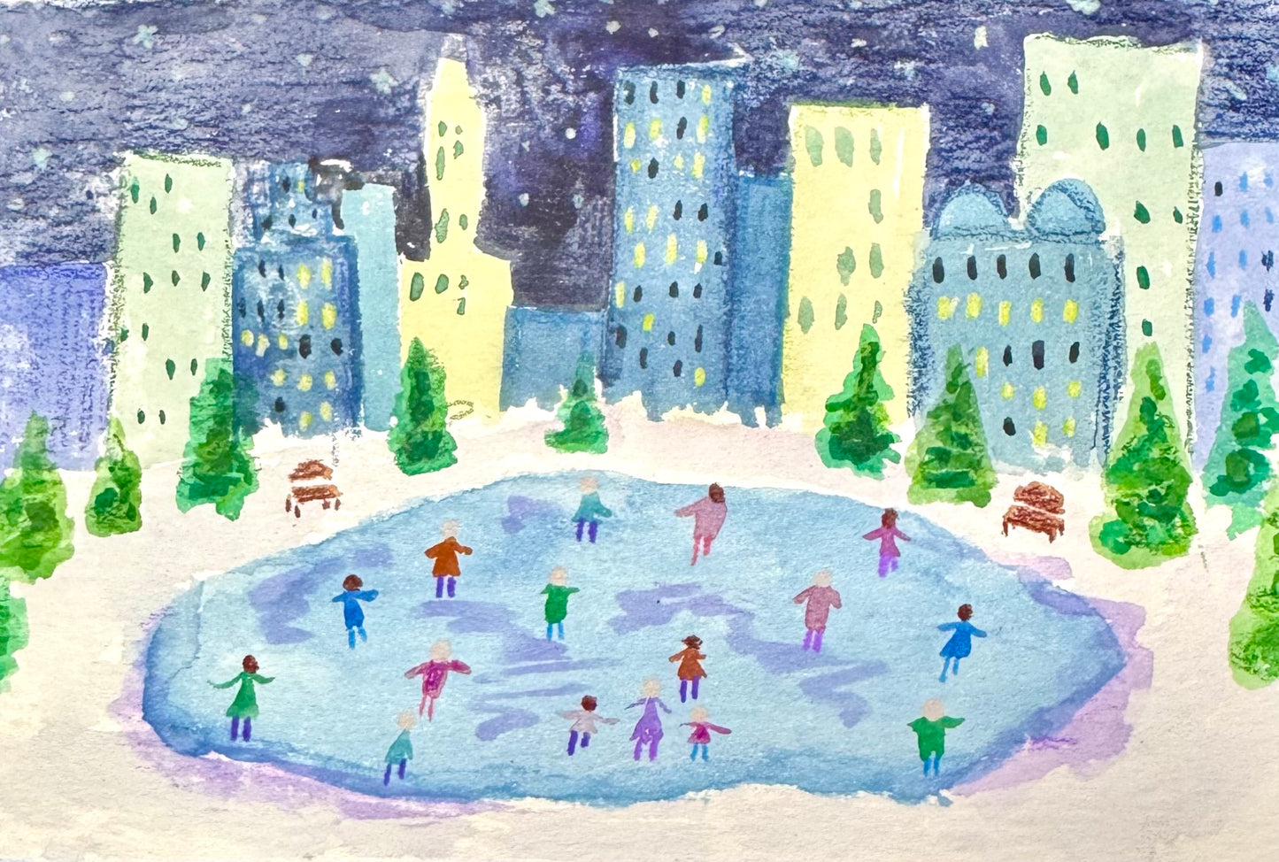 Illustration of people ice skating on a frozen lake with city buildings in the background