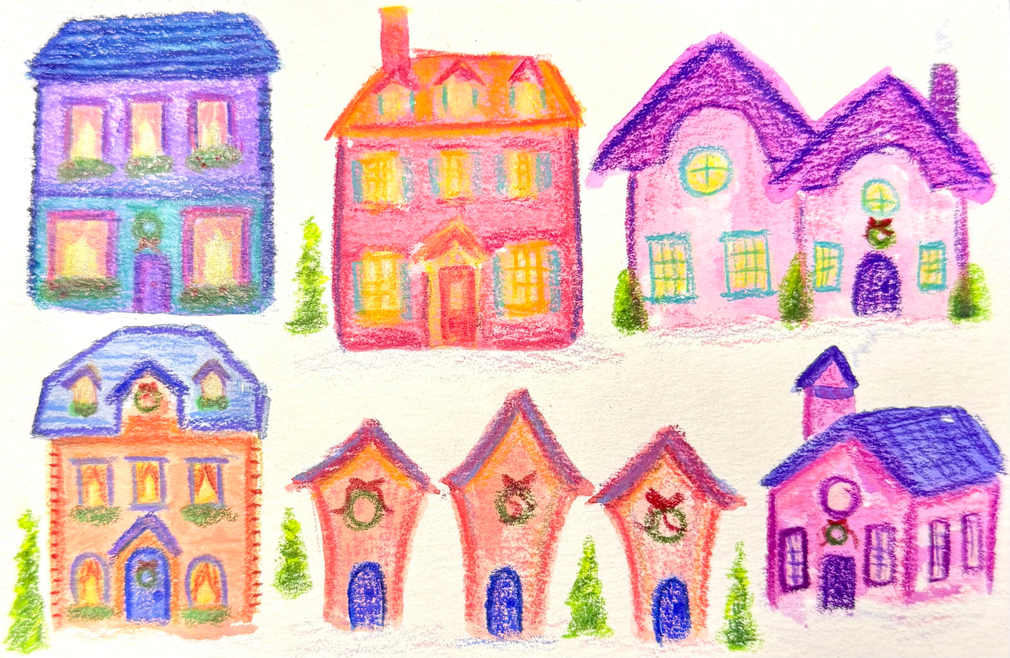 Holiday Houses  4"x6" | Watercolor + Color Pencil