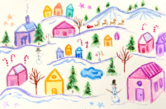 Colorful winter scene with houses, trees, and a snowman on a white background