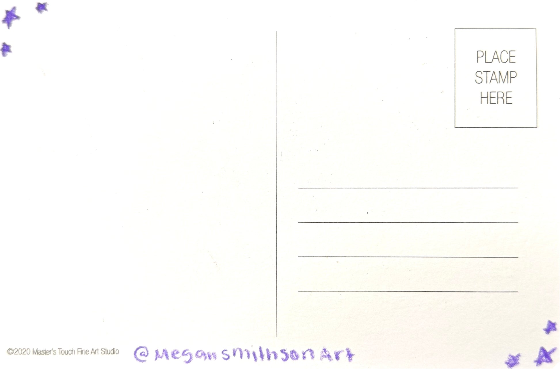 Blank postcard with space for a stamp and artist's signature at the bottom right corner.