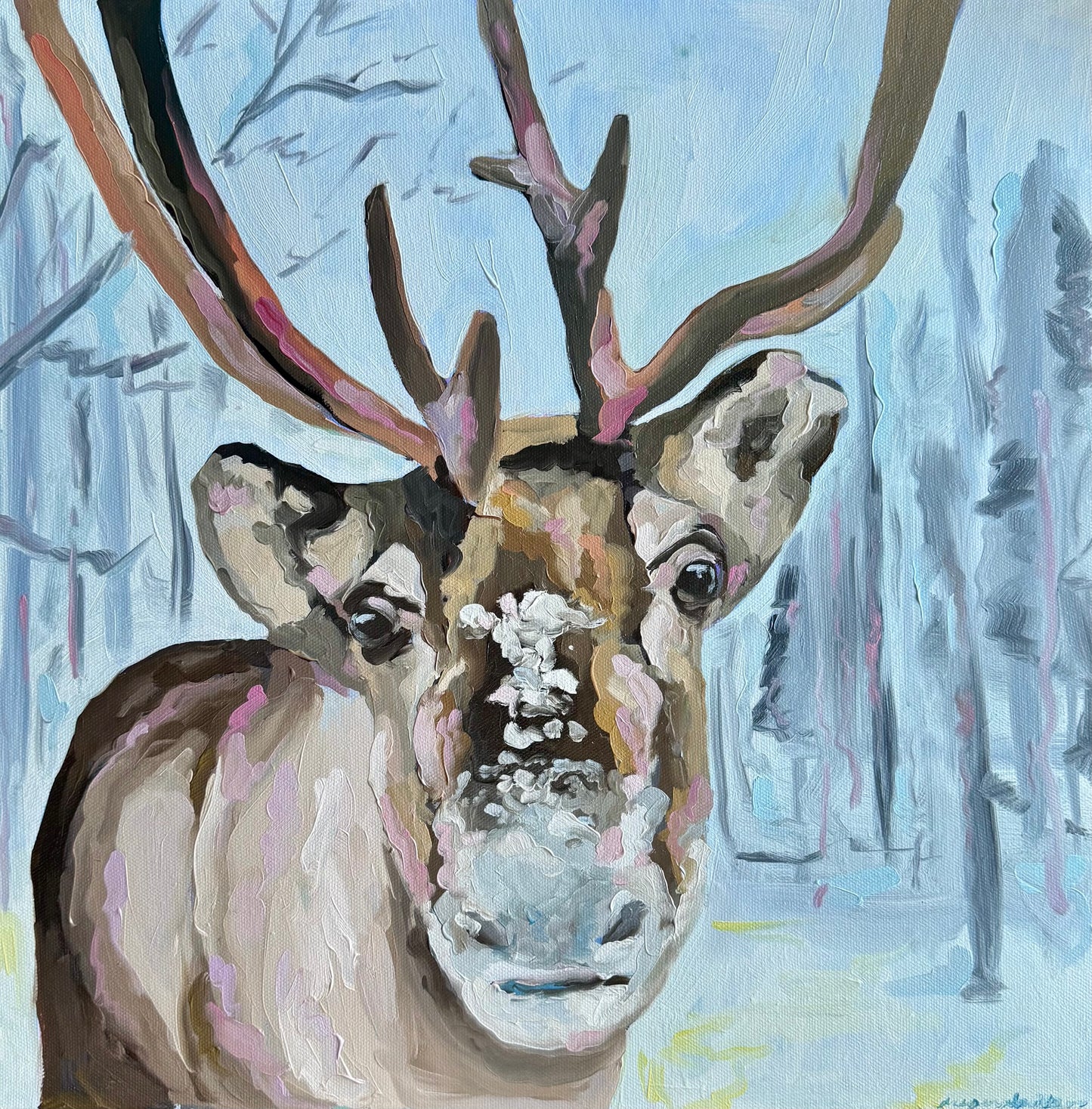 “Is it Christmas time yet?” 16x16 canvas with oil paint