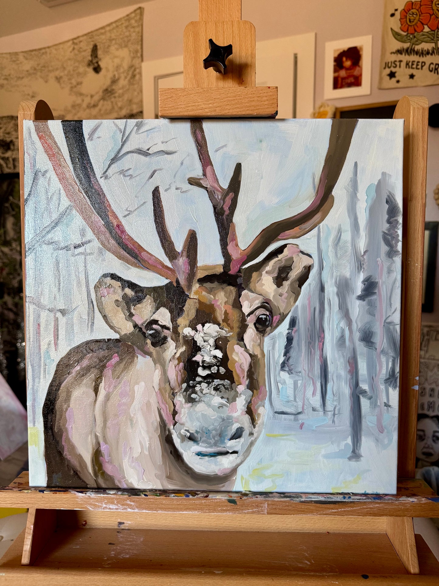 “Is it Christmas time yet?” 16x16 canvas with oil paint